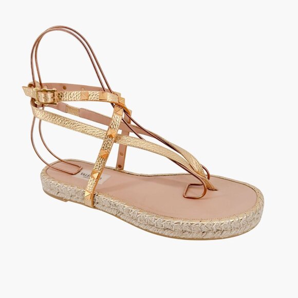 Valentino Garavani Rockstud Espadrille Thong Sandals Size 38 US 8 Gold Flat - Picture 9 of 15